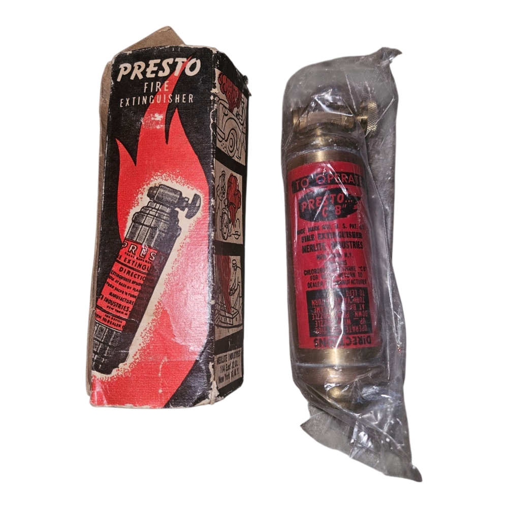 Vintage Presto Mini Brass Fire Extinguisher Car Motorcycle Original Box Sealed